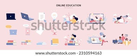 Flat design online education and homeschooling element set isolated on light pink background. Students studying at home, laptops, globe, books, light bulb, and paper.