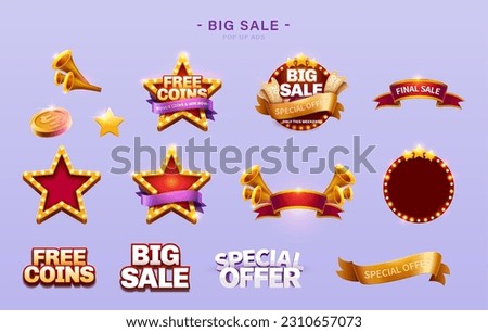 Big sale promo element set isolated on lavender background. Including horn, coins, different shapes of marquees and typography designs