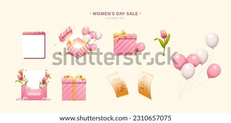 International Women's Day sale promo element set with calendar, surprise giftboxes, balloons, coupons, envelope filled with flowers and tulip isolated on beige background