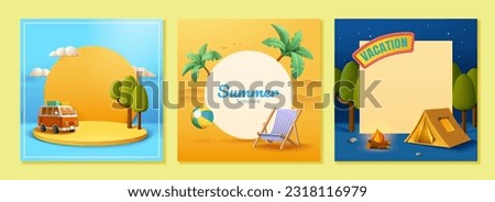 Summer season travel vacation template set isolated on yellow background. Yellow display podium with camper van, trees and clouds, round board with beach elements, and night camping in the forest.