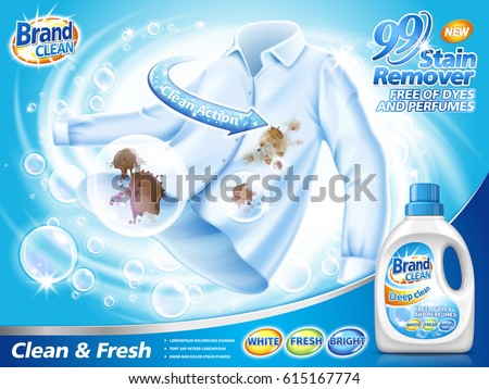 stain remover ad, with water washing a stained shirt, blue background 3d illustration