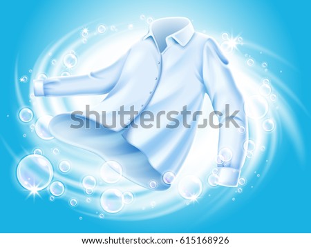 white shirt washed and spun in water, with soap bubble elements, isolated blue background 3d illustration