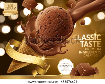 Chocolate ice cream cone ads, pouring chocolate toppings with golden ribbons and labels isolated on bokeh background in 3d illustration