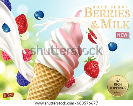 Berries and milk soft serve ads, refreshing fruit ice cream ads template with flowing milk and fruits isolated on bokeh background in 3d illustration