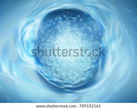 Blue detergent or water flushing, flowing liquid with bubbles in 3d illustration