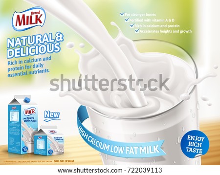 Delicious milk pouring down in 3d illustration isolated on bokeh background, paper carton products with package design