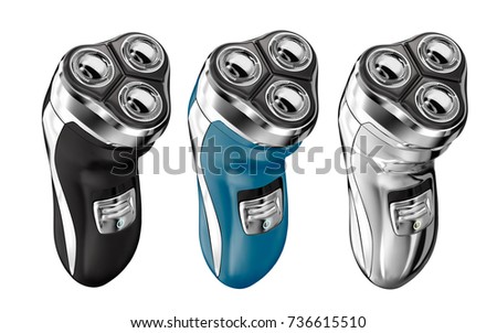 Electric shaver set, three different colors shaver template isolated on white background in 3d illustration