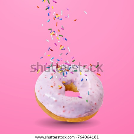 Tasty strawberry donut, sprinkles falling from top in 3d illustration isolated on pink background