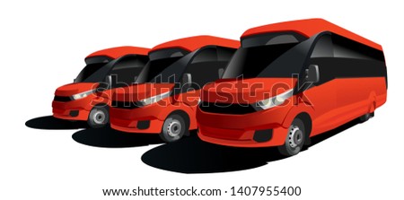 Red Buses to the bus station. Sightseeing, Tourist Buses in the parking lot. Buses for sale. Modern flat Vector illustration on white background.