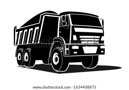 big dump truck silhouette, logo. The dump truck is carrying cargo. Three quarter view.
