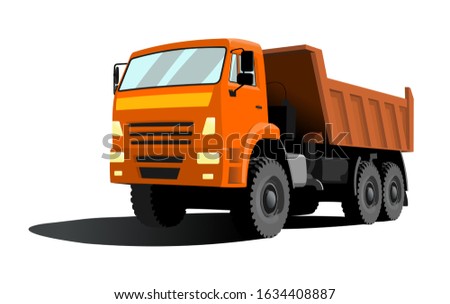 large dump truck with orange cab and orange body. Three quarter view.