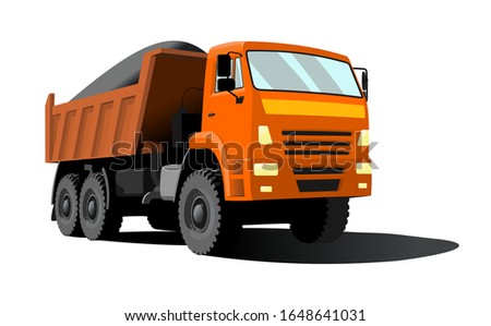 large dump truck with orange cab and orange body. The dump truck is carrying cargo. Three quarter view.