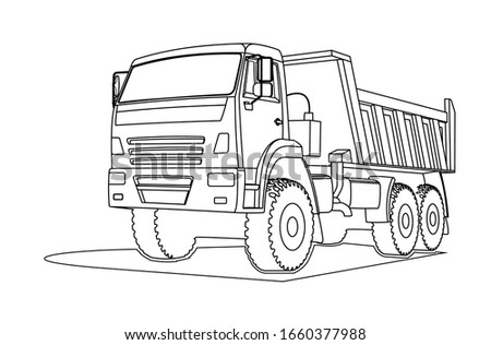 Contour large dump truck. For coloring book page. Three quarter view.