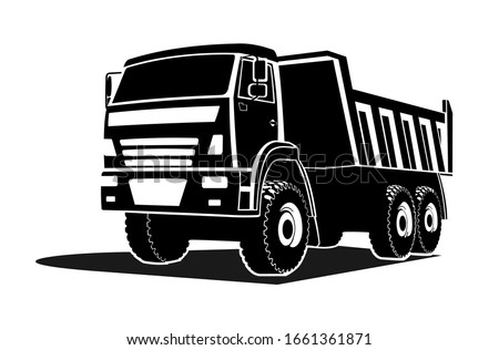 big dump truck silhouette, logo. Three quarter view.