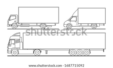 Vector outline set of different trucks, semitrailer. Blank template truck for advertising, for coloring books. Freight transportation. Modern flat vector illustration isolated on white background.