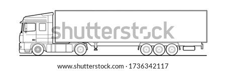 Vector outline truck, lorry, with semitrailer, side view. White blank template for truck, semi-trailer for advertising, for coloring book. Freight transportation. Modern flat vector illustration 