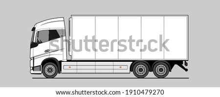 Vector refrigerator truck, lorry, side view. White blank template truck for advertising, tk. Freight transportation. Urban cargo transportation over short distances. Modern flat vector illustration.