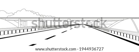 vector outline overpass or bridge, in a city road. Cityscape suburban or urban. Black and white banner or poster.  The road going into the distance, perspective. Modern flat illustration.