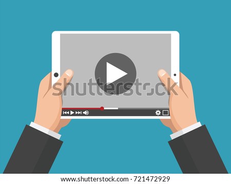 Hands holding holding white tablet computer with video player on screen. Digital tablet pc. Vector flat design concept online video