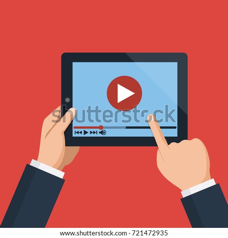 Hands holding holding tablet computer with video player on screen. Digital tablet pc. Vector flat design concept online video