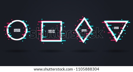 Vector set of frames in distorted glitch style. Circle, square, triangle, rhombus in distorted glitch style. Modern trendy backgrounds for design banner, poster, cover