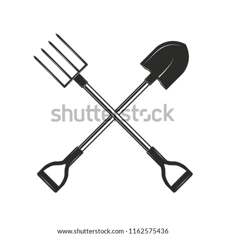 Crossed gardening and farming tools isolated on white background. Shovel and garden forks in monochrome style. Vector illustration.