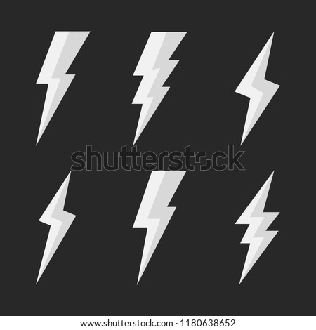 Set of 6 thunderbolts icons. Lightning icons isolated on black background. Vector illustration