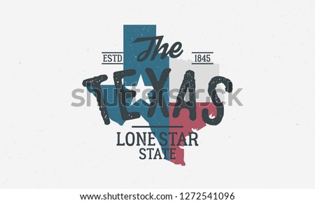 Texas State logo, emblem, label. The Lone Star State. Print for T-shirt, typography. USA Texas vintage design. Texas flag map. Vector illustration