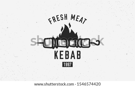 Vintage kebab logo template. Kebab or shashlik on skewer with fire flame isolated on white background. Vector illustration
