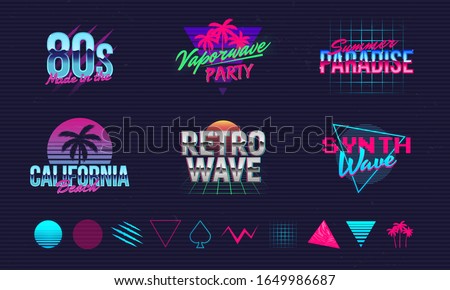 6 Retro neon logo templates and 10 trendy elements to create your own design. Print for t-shirt, banner, poster, cover, badge and label. Retro 80's typography design. Vector illustration Сток-фото © 