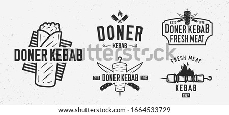 Vector Doner Kebab logo set. 5 Vintage Kebab restaurants emblems. Fast food labels, emblems, logo. Kebab, meat store, restaurant, kebab cafe. Shashlik Logo template.