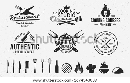 Vintage hipster logo templates and 13 design elements for restaurant business. Butchery, Barbecue, Cooking Class and Restaurant emblems templates. Fork, knife, whisk, cooking icons.Vector illustration