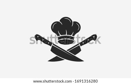 Chef logo with chef's hat and knives icons. Cooking vintage logo. Cooking Classes template logo. Label, badge for food studio, cooking courses, culinary school. Vector illustration