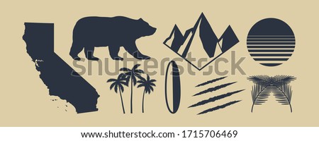 Set of 8 symbols of California. California map, palm trees, mountains. Bear and Scratch claws. California retro sun. Vintage elements for design logo, poster, print for t-shirt. Vector illustration