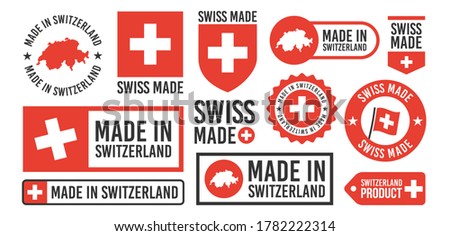 Large set of Made in Switzerland labels, signs. Swiss made badges set. Switzerlands stamp templates. Vector illustration.