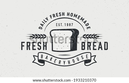 Fresh Bread, Bakery logo. Bakery trendy logo with tost bread and ribbon banner. Bakery product logo. Craft grunge texture. Vector emblem template.