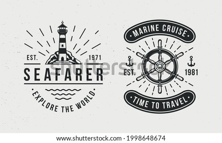 Marine, Nautical logo templates. Old vintage Lighthouse and Ship Wheel logo with grunge texture and light rays. Print for t-shirt, typography. Nautical emblems. Vector illustration