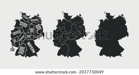 Set of Germany maps. Poster map of Germany with regions names. Blank Germany map. Map of Germany. Vector illustration