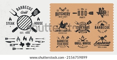 Vector Vintage Barbecue logo set. Set of 10 bbq logo templates and 14 design elements for BBQ, Butchery, Restaurant, Cooking class, Grill emblems. Trendy vintage hipster design.