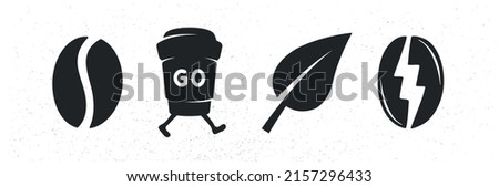 Abstract Coffee icons isolated on white background. Coffee bean, Paper Cup, Leaf, Coffee bean with thunder bolt. Design elements for logo, labels, emblems, posters. Vector illustration