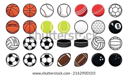 Set of 28 Sport balls icons. Cricket, Baseball, American Football, Soccer, Volleyball, Golf, Basketball, Hockey, Billiard, Bowling, Tennis, Cricket. Trendy logo designs. Vector illustration.