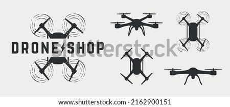 Drone, UAV shop logo, poster. Drone icons set. Collection of 4 drone's  isolated on white background. Vector illustration