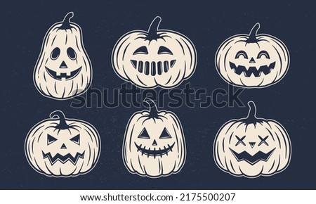 Vintage Halloween pumpkin set. Jack o Lantern icons isolated on dark background. Funny Monsters faces. Design elements for logo, badges, banners, labels, posters. Vector illustration Foto stock © 