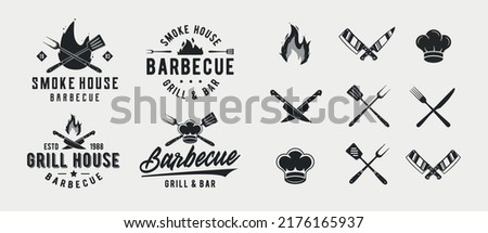 Barbecue, grill logo set. Set of 9 vintage barbecue icons. BBQ graphics templates for BBQ, Butchery, Restaurant, Cooking class, Grill emblems. Vector illustration