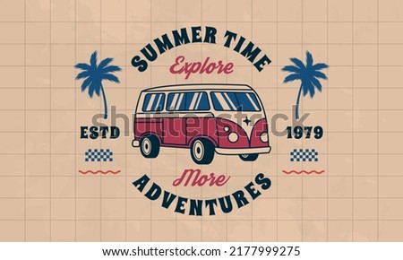 Adventures retro emblem. Groovy 70s logo. Retro bus logo. Hippie 1970s design. Vector Print for T-shirt, typography.