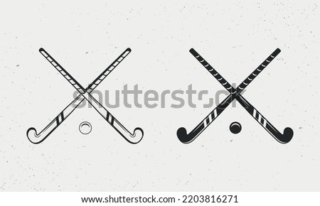 Ground, Grass Hockey icons isolated on white background. Grass Hockey sticks silhouettes. Vintage design elements for logo, badges, banners, labels. Vector illustration