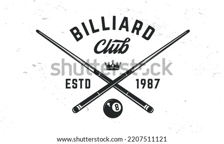 Billiard club logo template. Billiard logo. crossed billiard cues with ball and crown isolated on white background. Vector emblem