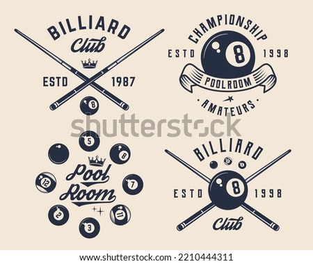 Billiard, 8-ball logo set. 4 billiard related labels, badges, emblems. Billiard emblem, poster templates. Vector illustration