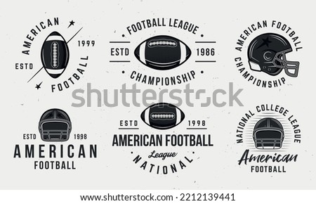 American football logo set. 6 Football emblems with helmets and balls icons. Print for t-shirt, typography. Emblem, poster templates. Vector illustration