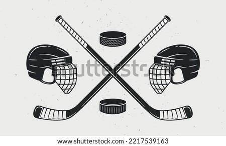 Ice Hockey icons set. Helmets, hockey cues and pucks icons isolated on white background. Vector illustration